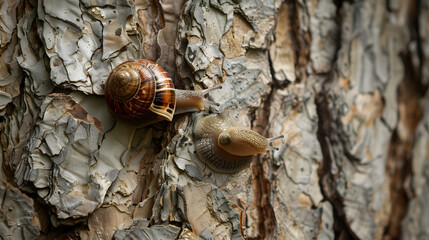 Two snails on tree bark