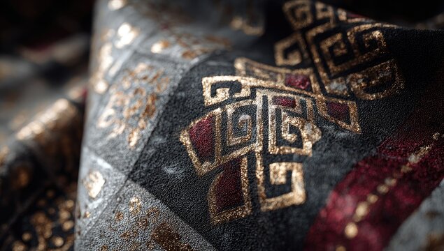 Ornate fabric, geometric patterns with metallic and red details