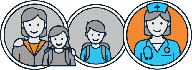 A set of circular icons depicting a mother and daughter, a schoolboy, and a nurse, representing family, education, and healthcare.