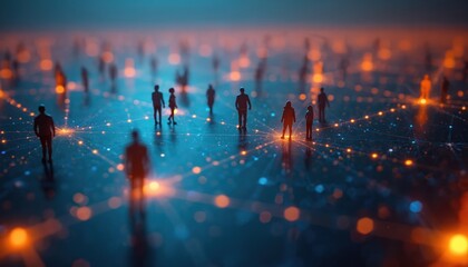 Conceptual photo shows network, connectivity, global connection. Silhouettes people stand on grid lines. Abstract image reflects social interaction in digital world communication tech.