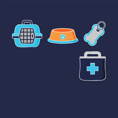 Illustration of pet carrier, food bowl, bone tag, and first aid kit on dark blue background.