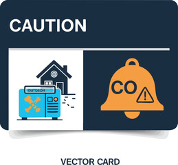 Caution sign for carbon monoxide poisoning prevention, showing a generator used outdoors near a house and a CO alarm bell.