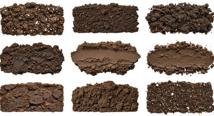 Close-up collection of various soil textures and types isolated on white background, perfect for gardening and agricultural projects