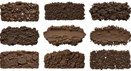 Close-up collection of various soil textures and types isolated on white background, perfect for gardening and agricultural projects