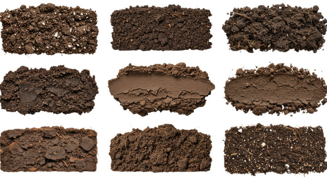 Close-up collection of various soil textures and types isolated on white background, perfect for gardening and agricultural projects