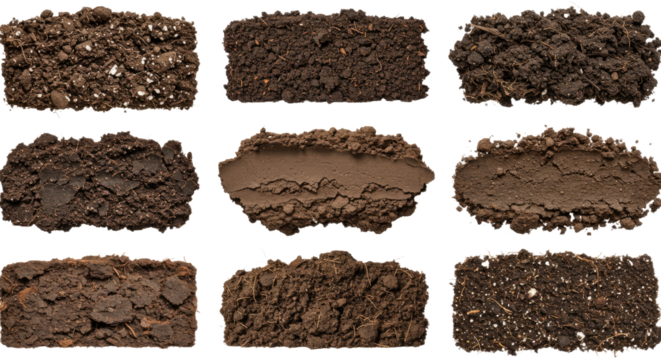 Close-up collection of various soil textures and types isolated on white background, perfect for gardening and agricultural projects