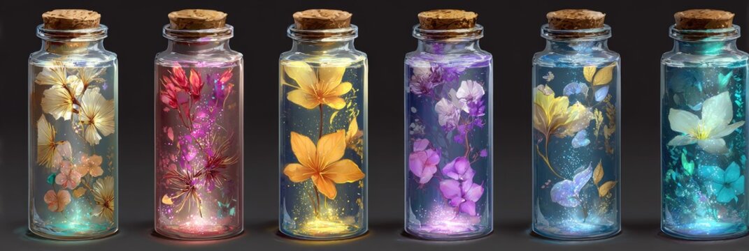 Row of glass bottles with colorful flowers inside