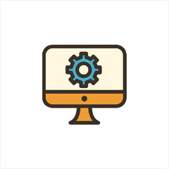 Computer displays a gear symbol representing technology and settings on a white surface, conveying a sense of innovation and digital progress.