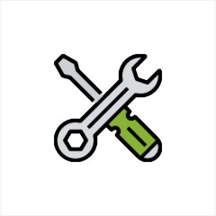 Wrench and screwdriver crossed, representing tools for repair and maintenance in a workshop, conveying a sense of craftsmanship and reliability.