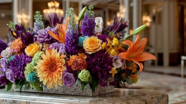 Vibrant floral arrangement with various blooms rich colors and detailed textures