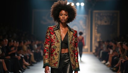 African American model on runway. Fashion model with afro hairstyle wears embroidered jacket. Elegant look during catwalk show in front of an audience. Fashion week event.