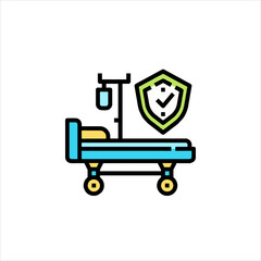 Hospital bed with insurance shield represents secure medical care and coverage for patients needing treatment, symbolizing peace of mind and financial protection.