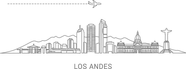 Obraz premium Los Andes Skyline with Airplane and Mountains Line Art