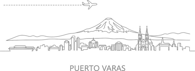 Fototapeta premium Puerto Varas cityscape line art with volcano and airplane