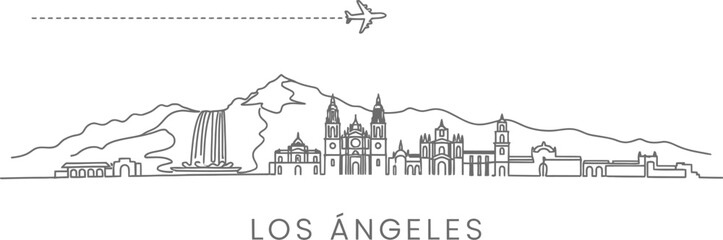 Obraz premium Los Angeles Skyline with Airplane and Waterfall Line Art