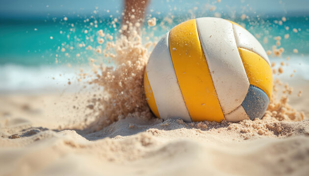 Volleyball ball hits sand on beach next to blue ocean waves. Sunlight shines on seaside sport, creating active motion blur effect. Summer fun and recreation.
