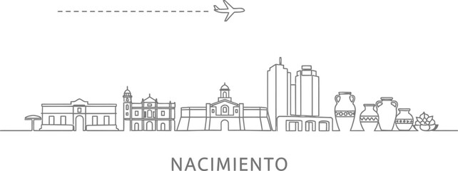 Obraz premium Nacimiento cityscape with airplane and ancient pottery line art