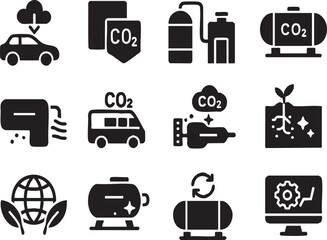 Onboard Carbon Capture System Icon Set include, Emission Reduction, CO2 Filtration, Capture Technology, Storage Systems, Vehicle Integration, Carbon Sequestration, Air Purification