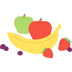 A Vibrant Composition of Assorted Fruits Including a Banana Two Apples and Strawberries with Blueberries on a Transparent Background