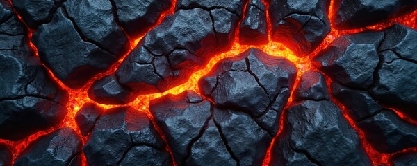Abstract photo displays cracked surface. Dark grey textured rocks with glowing hot lava flowing. Fiery magma between stones creates dramatic contrast. Volcanic activity theme. Burning coal concept.