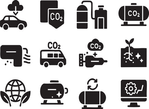 Onboard Carbon Capture System Icon Set include, Emission Reduction, CO2 Filtration, Capture Technology, Storage Systems, Vehicle Integration, Carbon Sequestration, Air Purification