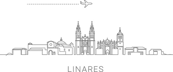 Obraz premium Linare, Spain Skyline with Airplane and Dash Line
