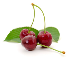 Fresh sweet cherries with green leaves isolated on white background