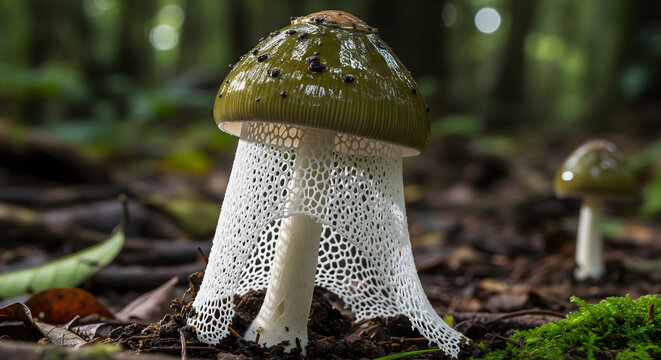 Elegant Veiled Lady Mushroom - Phallus indusiatus in Tropical Forest