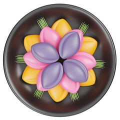 Colorful Korean Tteok Dessert Arranged in a Flower Pattern on a Black Plate with Green Garnish and Transparent Background