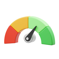 Colorful Speedometer Gauge Indicating Performance Level Across Red Yellow and Green Zones with Black Pointer on Transparent Background