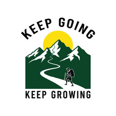 Hiker on mountain path with sun and text hiking mountains