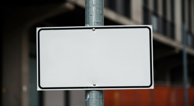 Blank White Sign on Metal Pole Urban Setting.