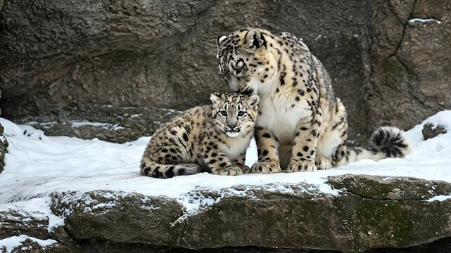 Snow leopard and cub resting amidst snow covered rock