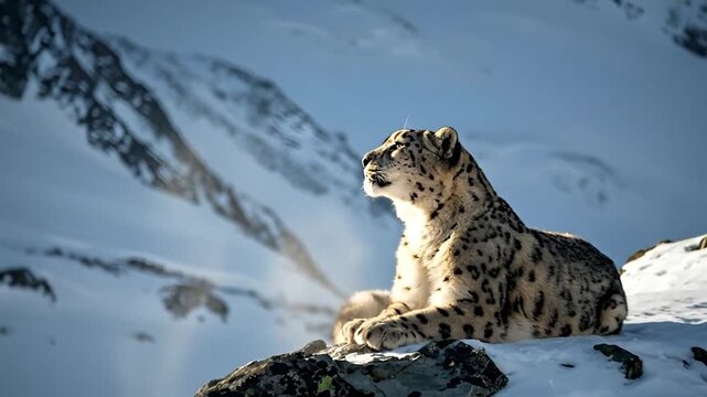 Snow leopard resting on a rocky outcrop in snowy mountainous terrain