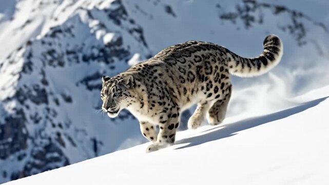 Snow leopard running down snowy slope mountainous landscape day