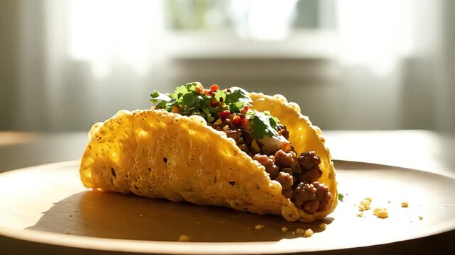 Delicious Crispy Shell Taco with Savory Ground Meat Fresh Cilantro and Creamy Topping Served on a Rustic Wooden Plate in Bright Natural Light