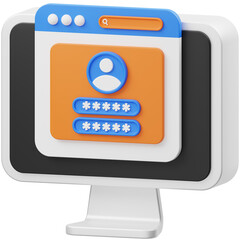Computer Screen Displaying Website Login Interface with Username and Password Fields and Search Bar in a 3D Rendered Style with a White Background