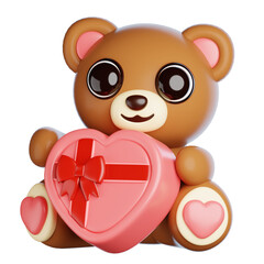 Cute Brown Teddy Bear Holding a Pink Heart Shaped Chocolate Box Tied With a Red Ribbon on a Transparent Background