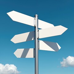 Blank directional signpost with multiple empty arrow signs points different ways against a clear blue sky. Crossroads symbolize choices, decisions, and uncertain future paths.