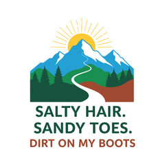 Mountain landscape with sun and text mountains trees