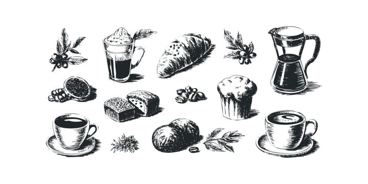 Espresso cup pastry croissant coffee beans and French press sketch - Powered by Adobe