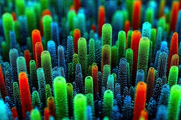 Abstract colorful pixelated towers rise in varying heights