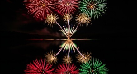 Fototapeta premium Vibrant red and green fireworks reflecting in dark water during a night celebration