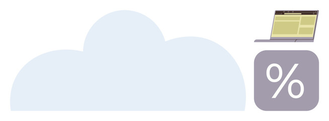 Large cloud icon with a laptop displaying a data dashboard and a purple square featuring a percent symbol. Ideal for technology, data management, analytics, cloud storage, business growth, modern