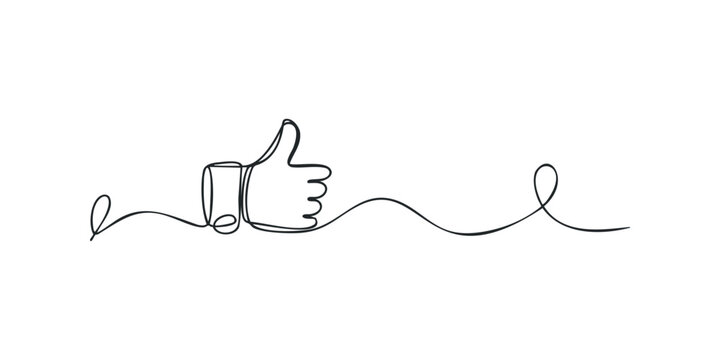 Single line drawing of a thumbs up gesture and fluid curves