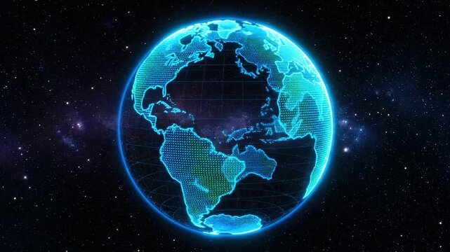 Glowing digital earth hologram displays continents in starry cosmos, representing global connection and technology.