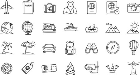 Hand Drawn Travel and Tourism Outline Icons Set. Vector line art collection of vacation, adventure, and holiday symbols for global exploration, transport, and leisure.