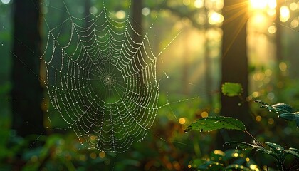 Spiderweb Adorned With Dew Drops Catches Golden Sunlight Rays In A Lush Green Forest At Dawn