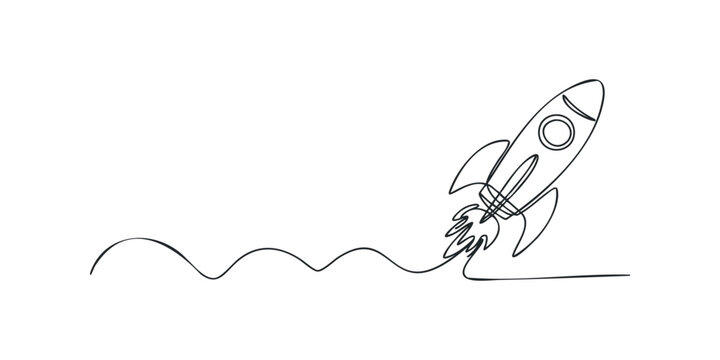 Single line drawing of a rocket ship in flight