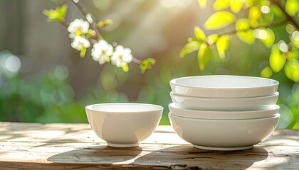 Stack Of White Ceramic Bowls And A Single Bowl Sit On A Wooden Table With Soft Sunlight Filtering Through Green Leaves And White Blossoms In The Background